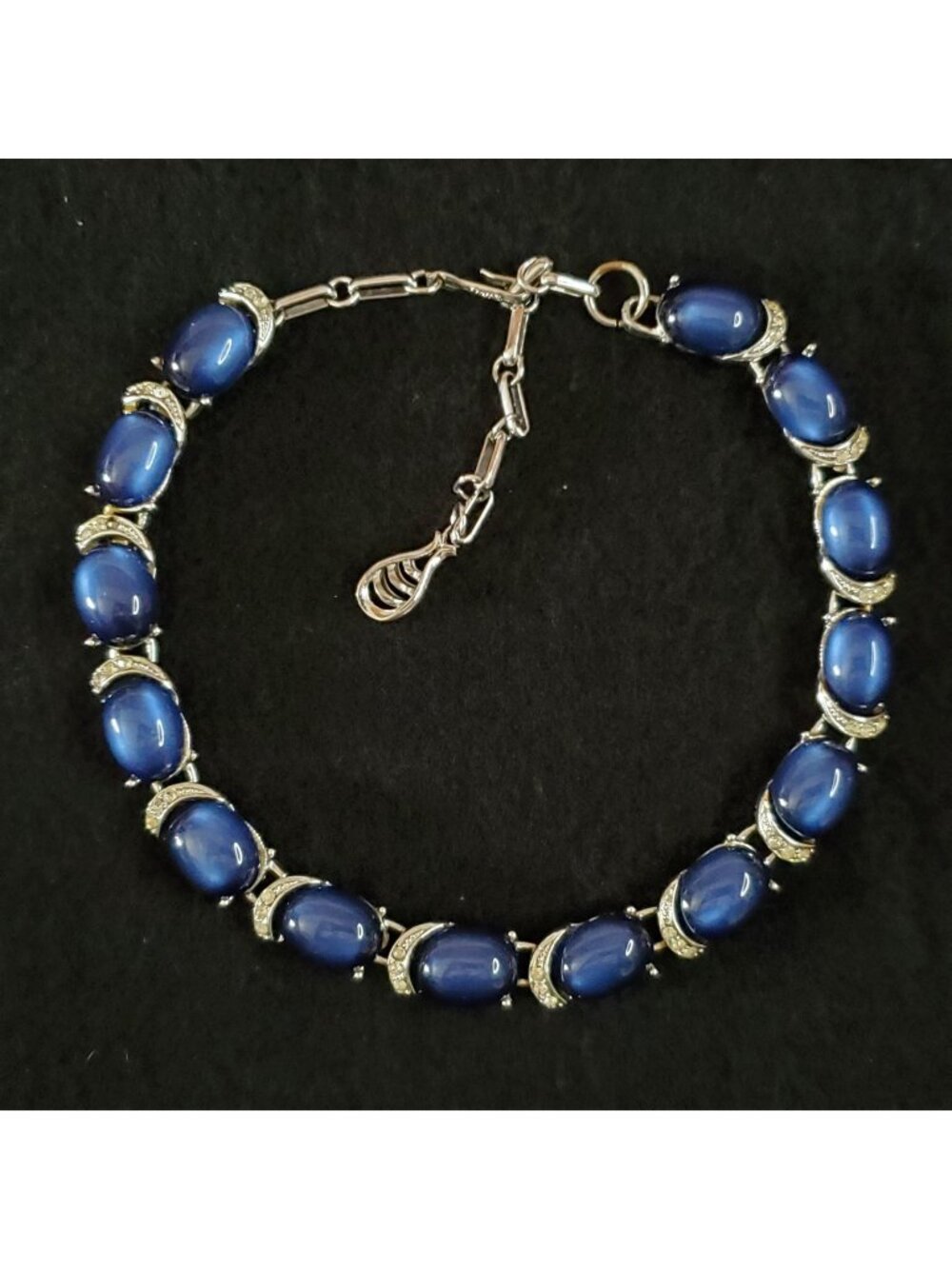 Vintage Moonglow Necklace Choker Blue Silver Tone Rhinestone 12.5-15" READ